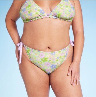 Women's Reversible Side-Tie Extra High Leg Cheeky Bikini Bottom Green Floral Print/Purple Gingham Print