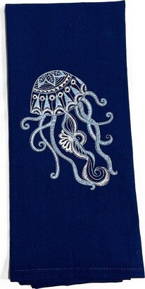 Embroidered Chinoiserie Jellyfish On Navy Kitchen Towel Bathroom Guest Tea Cotton Housewarming Hostess Gift