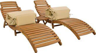 Outdoor Patio Wood Portable Extended Chaise Lounge Set with Foldable Tea Table for Balcony