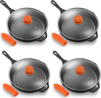 10 Inch Pre Seasoned Nonstick Cast Iron Skillet Frying Pan Kitchen Cookware Set w/ Tempered Glass Lid & Silicone Handle Cover (4 Pack)