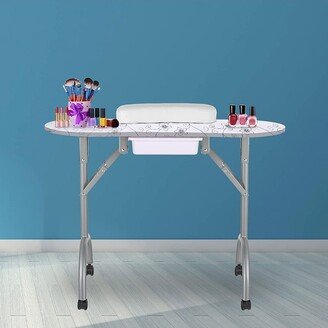 LEIBOU Professional 36 Inch Foldable Manicure Nail Technician Table with Removable Wrist Rest Cushion, Drawer, and Carrying Bag, White Flower