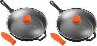 12 Inch Pre Seasoned Nonstick Cast Iron Skillet Frying Pan Kitchen Cookware Set with Tempered Glass Lid and Silicone Handle Cover (2 Pack)