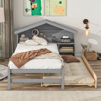 Twin Platform Bed with Roofed Bookcase Headboard, Trundle, for kids