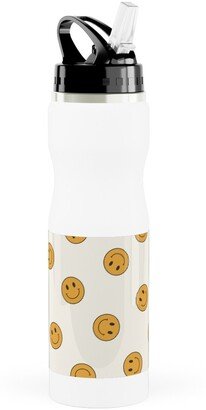 Photo Water Bottles: Retro Smiley Face - Cream And Yellow Stainless Steel Water Bottle With Straw, 25Oz, With Straw, Yellow