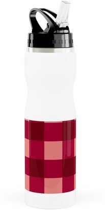 Photo Water Bottles: Gingham Check - Red And Pink Stainless Steel Water Bottle With Straw, 25Oz, With Straw, Red