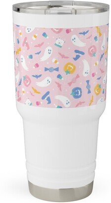 Travel Mugs: Pastel Halloween Happy Ghosts And Candy Corn Travel Tumbler, 30Oz, Pink