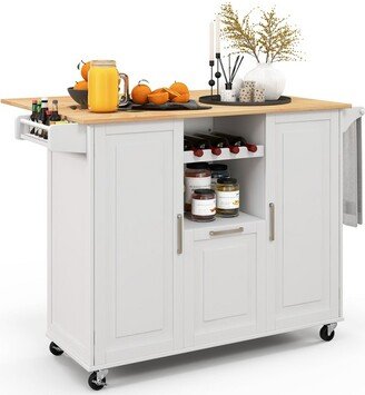 Rolling Kitchen Island Utility Serving Cart with Drop Leaf Wine Rack Drawer White