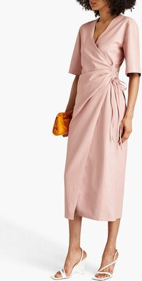 Helisa ruched vegan leather midi wrap dress