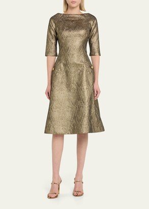 Elbow-Sleeve Metallic Jacquard Midi Dress