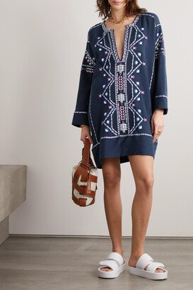 Chemsi Sequin-embellished Embroidered Cotton Mini Dress - Blue