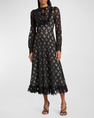 Lace Midi Dress with Tapestry Patterned Underlayer