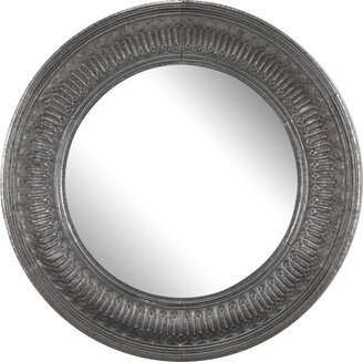 Round Wall Mirror with Thick Embossed Metal Border, Antique Gray