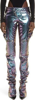 Iridescent Violet Quilted Detail Moto Faux Leather Pants