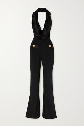 Button-embellished Draped Satin And Crepe Jumpsuit - Black