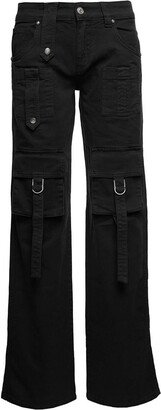 Black Cargo Jeans with Buckles and Branded Button in Stretch Cotton Denim Woman