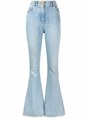 Monogram-print high-waist bootcut jeans