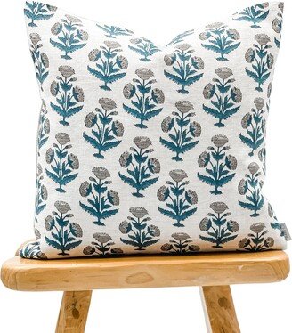 Designer Floral in Teal & Grey On Natural Linen Pillow Cover, Cover, Boho Pillow, Decorative Throw Farmhouse Pillow