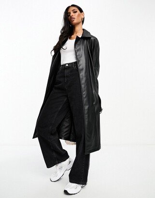 faux leather trench coat in black-AC