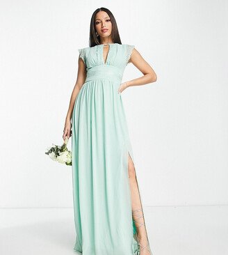 TFNC Tall Bridesmaids chiffon maxi dress with lace detail in sage