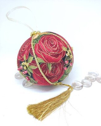 Fabric Christmas Ornament, Kimekomi Tree Hexagon Ball Poinsettia Hostess Gift Idea, Housewarming