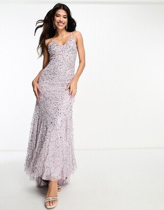 Beauut Bridesmaid allover embellished cami slip maxi dress with train in muted lavender