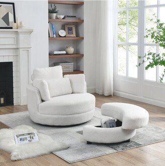 Estelle 39 Wide Oversized 360° Swivel Barrel Chair White Teddy Fabric Upholstered And 4 Pillows Moon Storage Ottoman Armchair-Maison Boucle