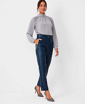 The Petite Belted Taper Pant in Faux Leather