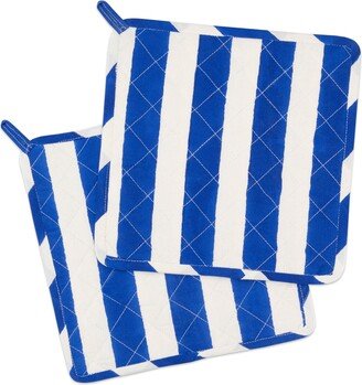 Kate Austin Designs Organic Cotton Quilted And Insulated Pot Holder In Blue And White Cabana Stripe Block Print - Set Of Two