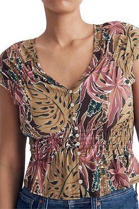 Shirred Cap-Sleeve Top in Brushstroke Monstera (Dark Coffee) Women's Clothing