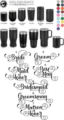 Scrolled Font Bridal Party Laser Engraved Drinkware, Can Be Personalized, Polar Camel, Insulated, Stainless Steel, Bride, Groom, Best Man