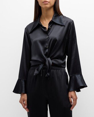 Ruffle Long-Sleeve Silk Pajama Set