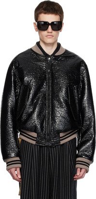 Black Crinkled Faux-Leather Bomber Jacket