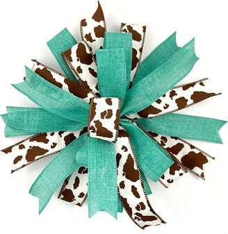 Ready Made Farmhouse Turquoise & Brown Cow Wreath Lantern Bow, Front Door Hanger, Outdoor Themed Accessory