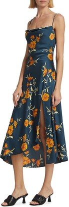 Gaia Floral Satin Cowlneck Midi-Dress