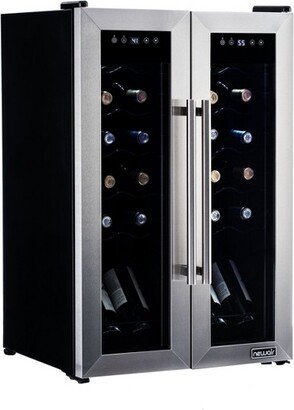 24 Bottle Wine Cooler Refrigerator, French Door Dual Temperature Zones, Freestanding Wine Fridge with Stainless Steel & Double-Layer Tempered G