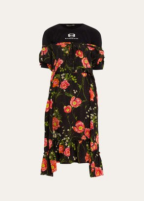 Mixed-Media Athletic Logo Floral Jacquard Midi Dress