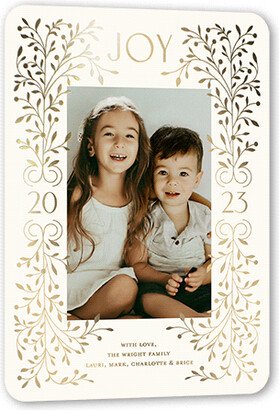 Holiday Cards: Foil Botanical Joy Holiday Card, Beige, Gold Foil, 5X7, Holiday, Matte, Personalized Foil Cardstock, Rounded