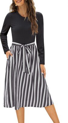 Zattcas Womens Long Sleeve Midi Dresses Casual Work Fall Dresses with Pockets Black Stripe M