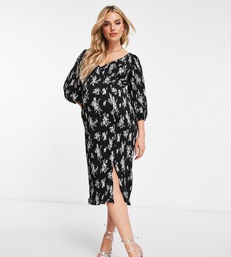 ASOS DESIGN Maternity plisse midi dress with button detail in black based white floral print