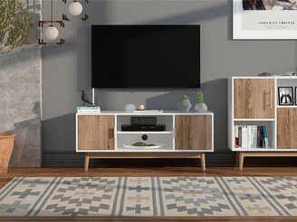 GEROJO Natural Mid-Century Style TV Stand with Concealed Cable Management and Open/Closed Storage, Eco-Friendly MDF and Pine Wood Feet