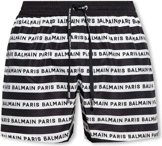 Logo Printed Drawstring Striped Swim Shorts