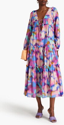 Kalani shirred printed cotton and silk-blend voile midi dress