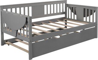 IGEMAN Twin Size Wood Daybed with Trundle & 2 Side Table Shelf, 79.5''L*41''W*34.1''H, 95LBS-AA