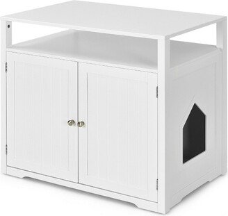 Wooden Cat Litter Box Enclosure Hidden Cat Washroom w/ Storage Layer White