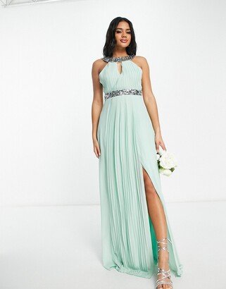 Bridesmaid high neck embellished chiffon maxi dress in sage green