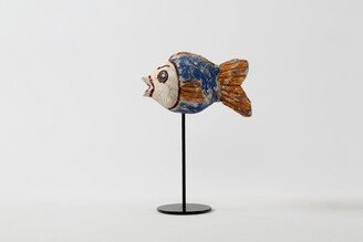 Artissance 10 H Small Round Vintage Style Wooden Carving Fish With Iron Stand