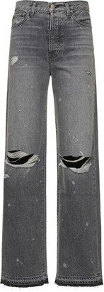 Distressed high waist straight jeans