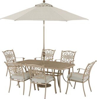 Traditions 7-Piece Dining Set with 6 Stationary Chairs, 38-In. x 72-In. Table, 9-Ft. Umbrella, and Stand, Sand Finish