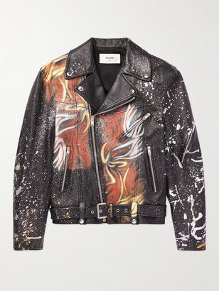 Slim-Fit Paint-Splattered Printed Leather Biker Jacket