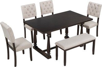 IGEMAN 6-Piece Chic Kitchen Dining Table Set with 4 Upholstered Chair&1 Bench for Country House City Apartment Dining Room